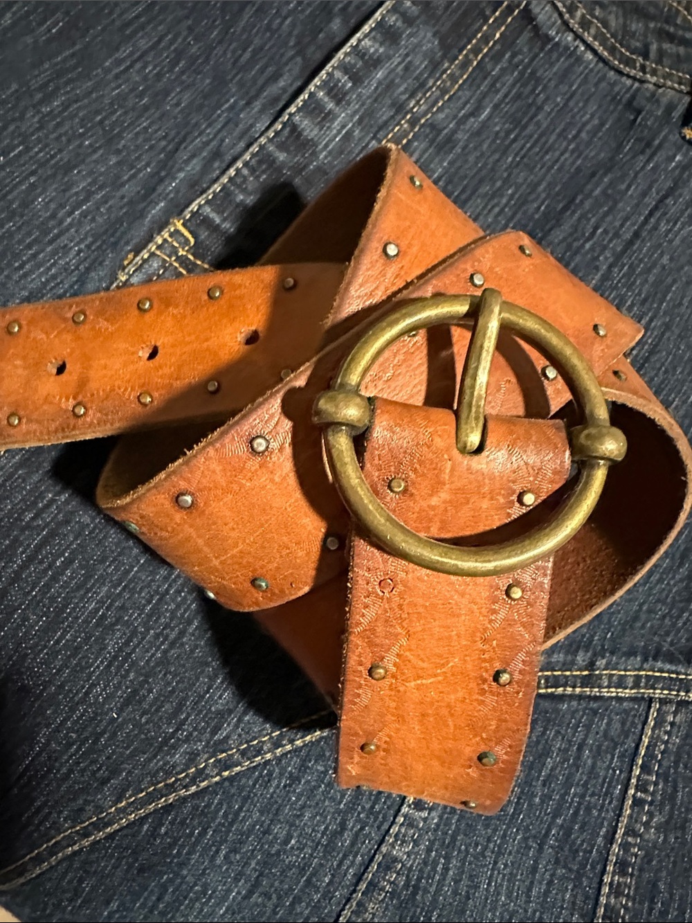 Tan Studded Leather Belt with Antique Brass Ring Buckle